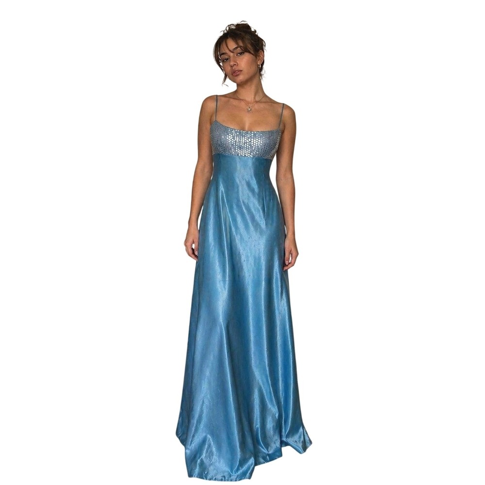 FAVIANA 90's vintage Blue Sequin Lace Up Back Formal Satin Gown Fairycore 7/8
